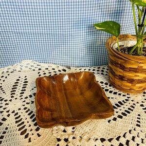 Vintage 70s 80s Monkey Pod Wood Wooden Bowl Square Small Trinket Dish Catchall